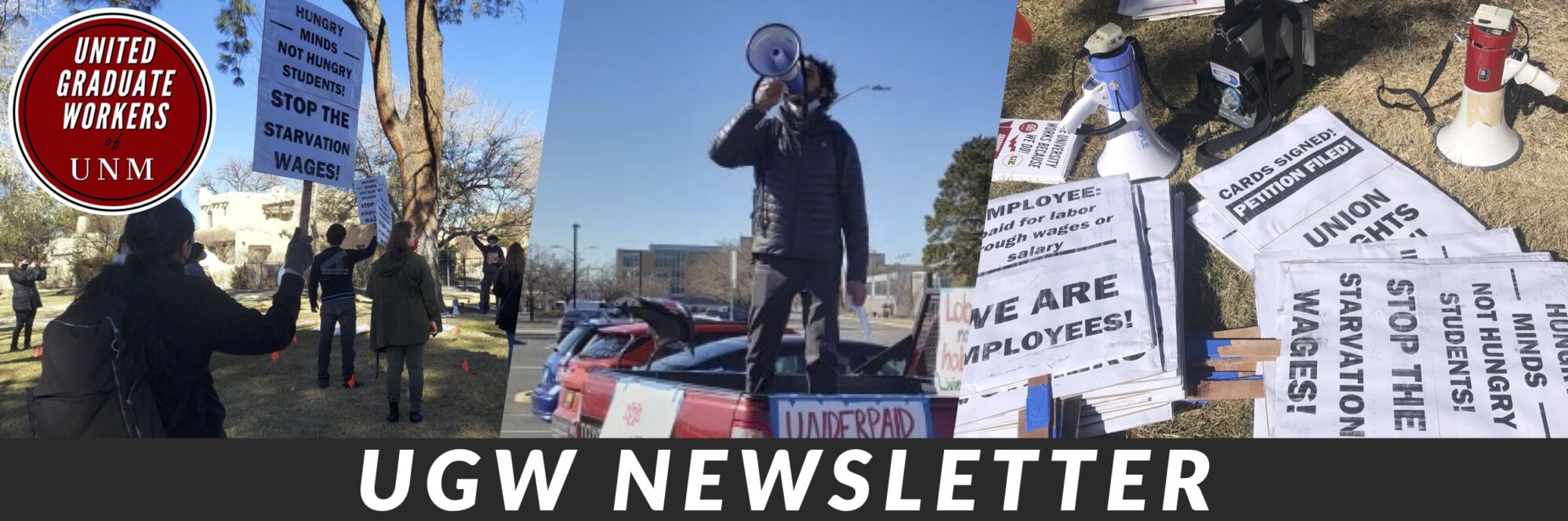 "UGW Newsletter" in bold white font along with images of union members protesting and the UGW logo.